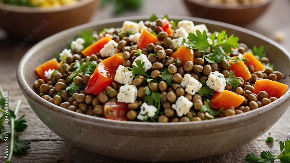Fresh Lentil Salad with Vegetables and Feta Cheese in Bowl Fresh Lentil Salad with Vegetables and Feta Cheese in Bowl