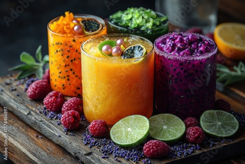 Wallpaper Mural Vibrant smoothie assortment with fresh fruits and herbs on rustic wooden board Torontodigital.ca