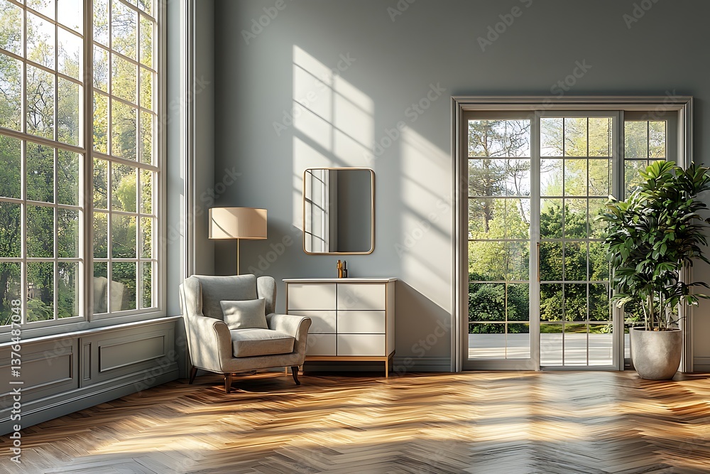 Fototapeta premium Sunlit Interior Design: Elegant Living Room with Large Windows and French Doors