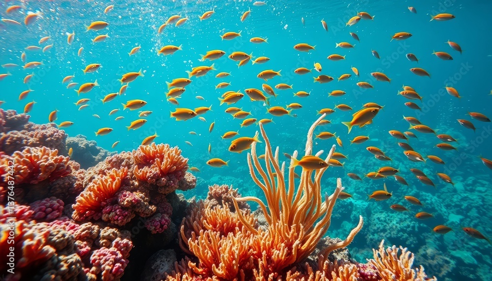 Fototapeta premium Vibrant Underwater Scene of Coral Reef and School of Fish Swimming in Crystal Clear Ocean Water