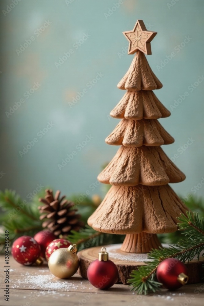 Fototapeta premium Wooden Christmas tree on a rustic table surrounded by ornaments and pinecones , ornaments, tree