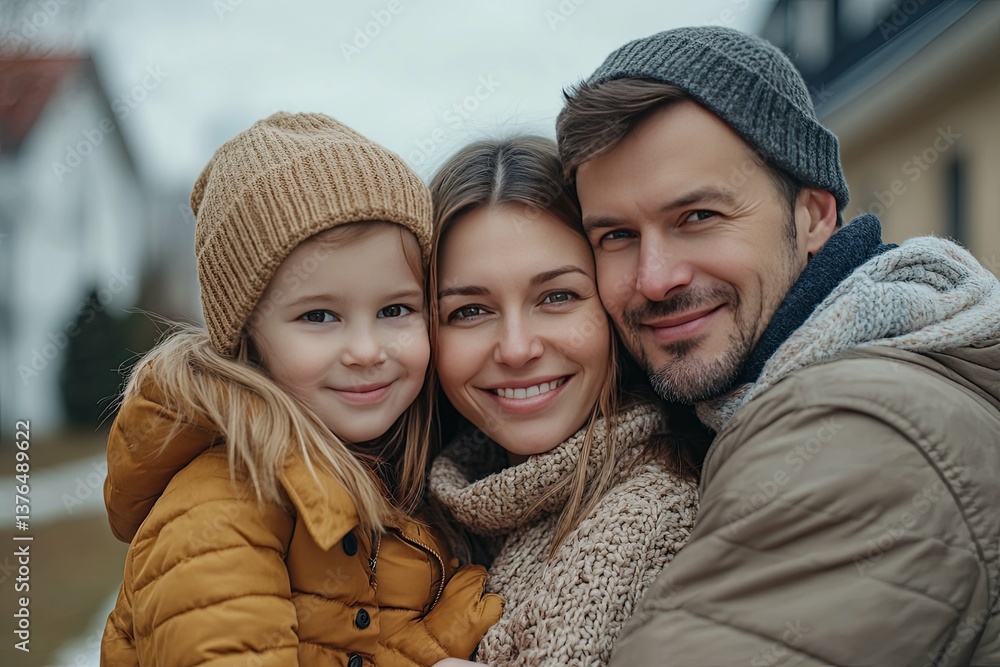 A happy family poses smiling in an outdoor winter setting A happy family poses smiling in an outdoor winter setting