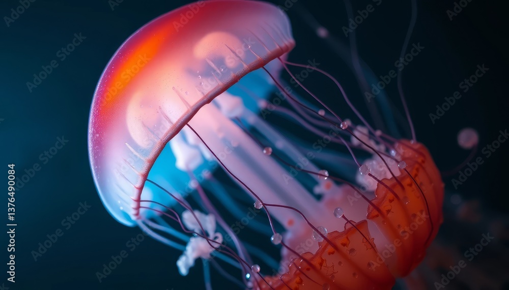 Fototapeta premium Mesmerizing underwater spectacle a vibrant jellyfish with translucent bell and intricate trailing tentacles, illuminated in a captivating blend of orange and blue hues