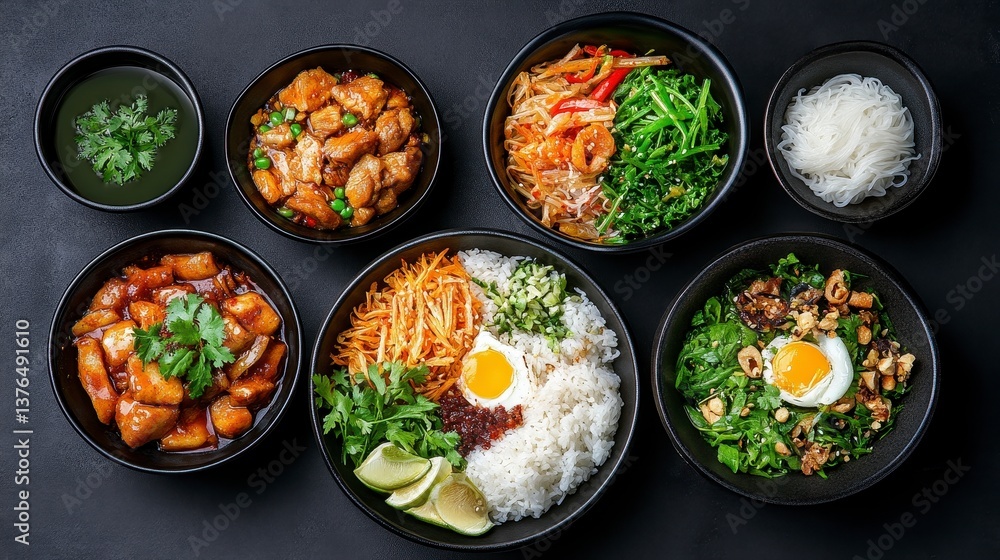 Assorted Asian Dishes in Black Bowls on Dark Background Assorted Asian Dishes in Black Bowls on Dark Background