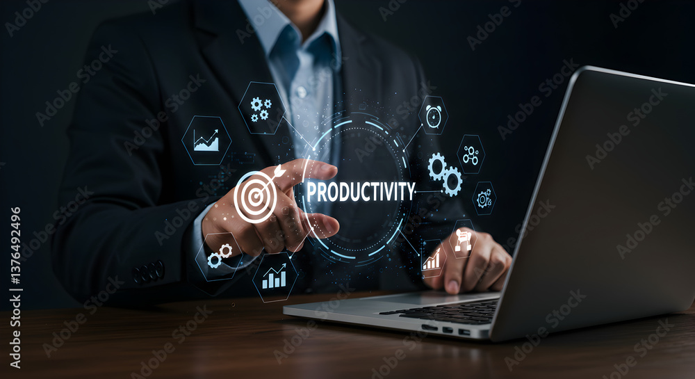 A person using a laptop with productivity icons displayed around the word productivity on the screen A person using a laptop with productivity icons displayed around the word productivity on the screen