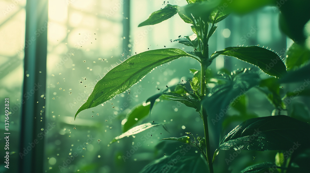 Obraz premium Green plant with flying insects in sunlight inside greenhouse