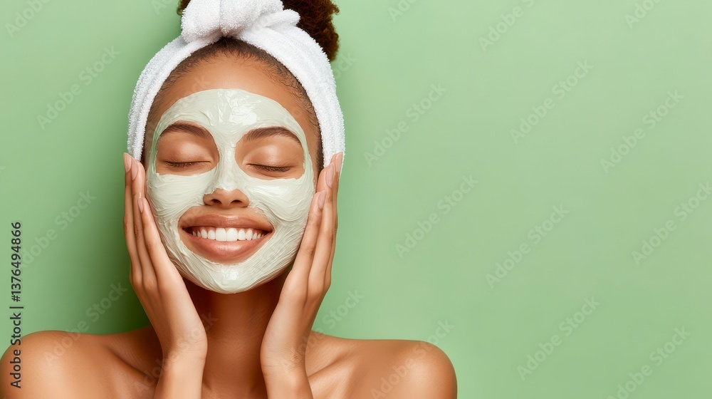 Smiling Woman with Green Facial Mask and White Headband Against Pale Green Background Smiling Woman with Green Facial Mask and White Headband Against Pale Green Background