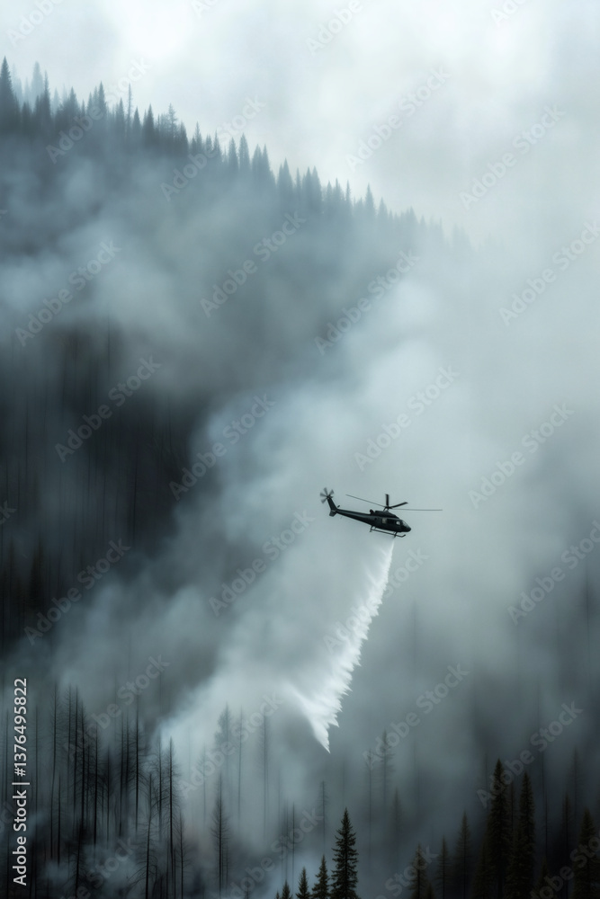 Obraz premium Helicopter dumps water on a forest fire amid smoke and trees, disaster response and aerial firefighting.