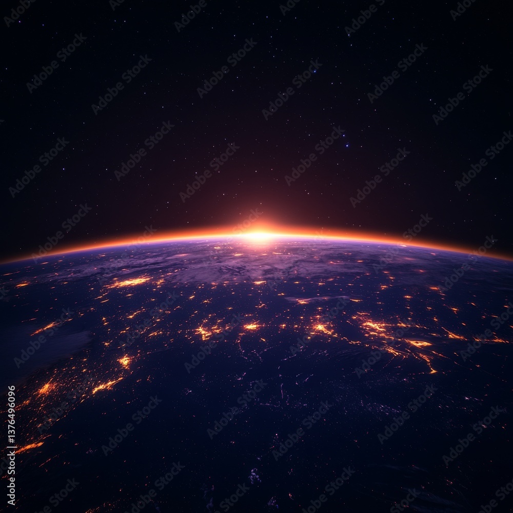 Earth at Sunrise: A Stunning View of Our Planet from Space, City Lights Glowing Beneath the Horizon Earth at Sunrise: A Stunning View of Our Planet from Space, City Lights Glowing Beneath the Horizon