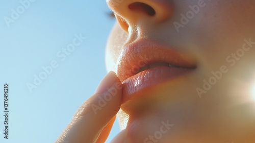 Woman touching lips gently in sunlight close-up against blue sky