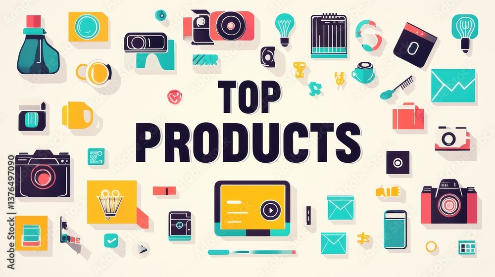 Top Products: An artistic collection of digital and tangible goods artfully arranged to convey a sense of commerce, highlighting a range of top products Top Products: An artistic collection of digital and tangible goods artfully arranged to convey a sense of commerce, highlighting a range of top products