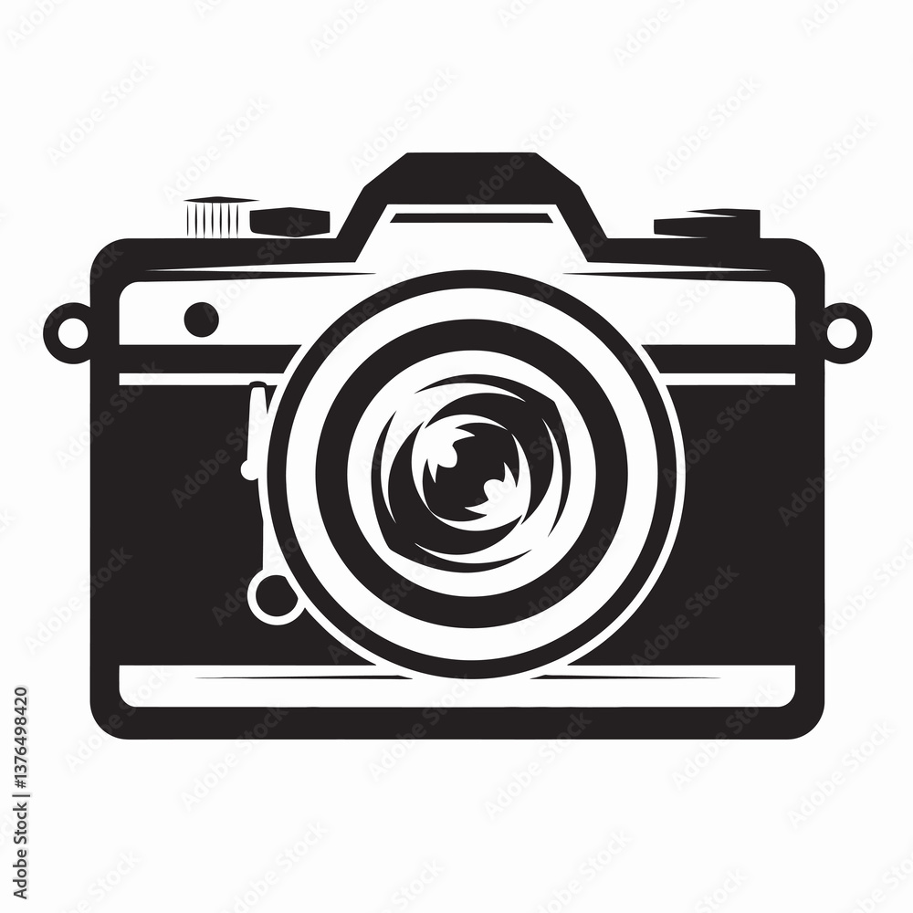 A black graphic of a camera is depicted, featuring detailed elements such as the lens and viewfinder. A black graphic of a camera is depicted, featuring detailed elements such as the lens and viewfinder.