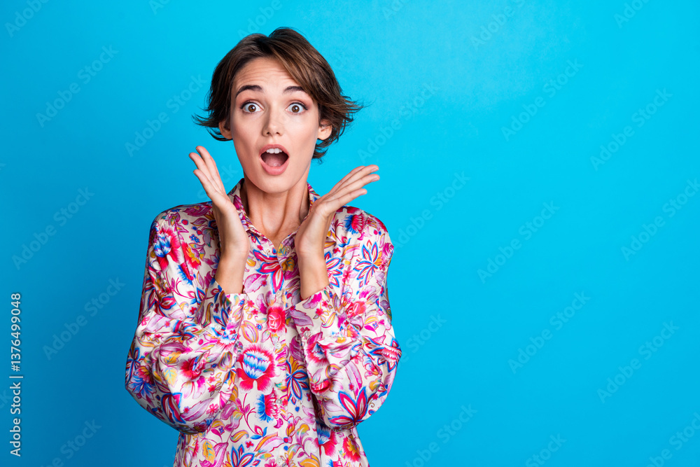 Fototapeta premium Photo of excited glad girl hands face wear trendy clothes rejoice black friday discounts empty space isolated on blue color background