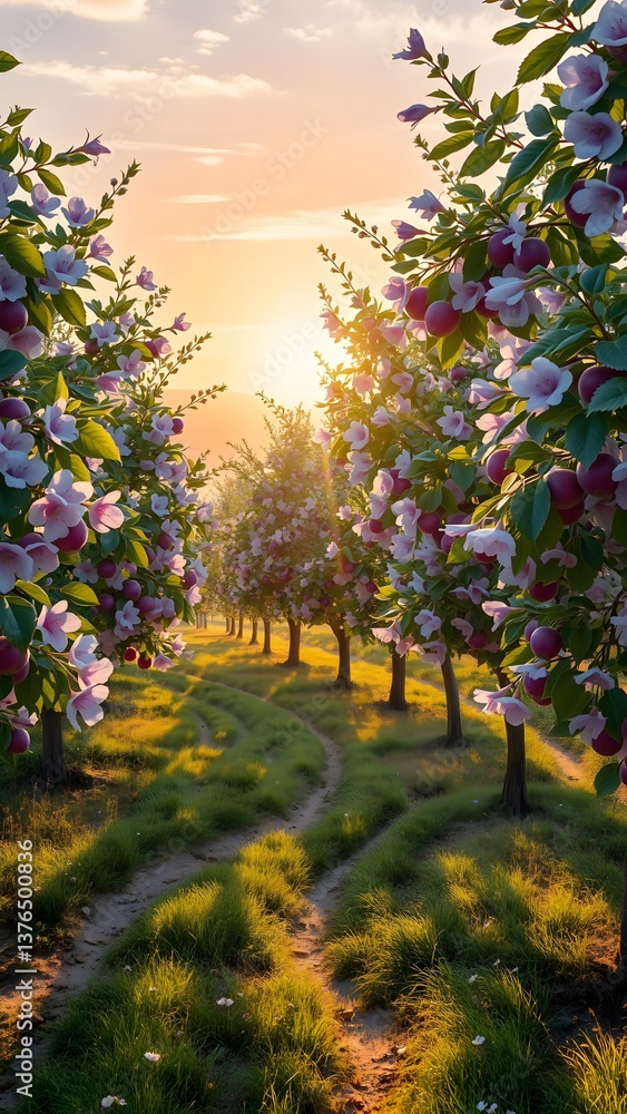 Fototapeta premium Enchanted Orchard Pathway at Twilight