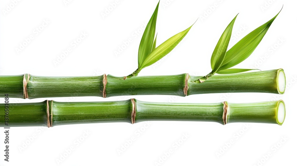 Fototapeta premium Fresh Green Bamboo Stems with Vibrant Leaves on a White Background