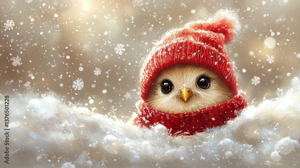Adorable owl in a red winter hat and scarf, nestled in snowy landscape Adorable owl in a red winter hat and scarf, nestled in snowy landscape
