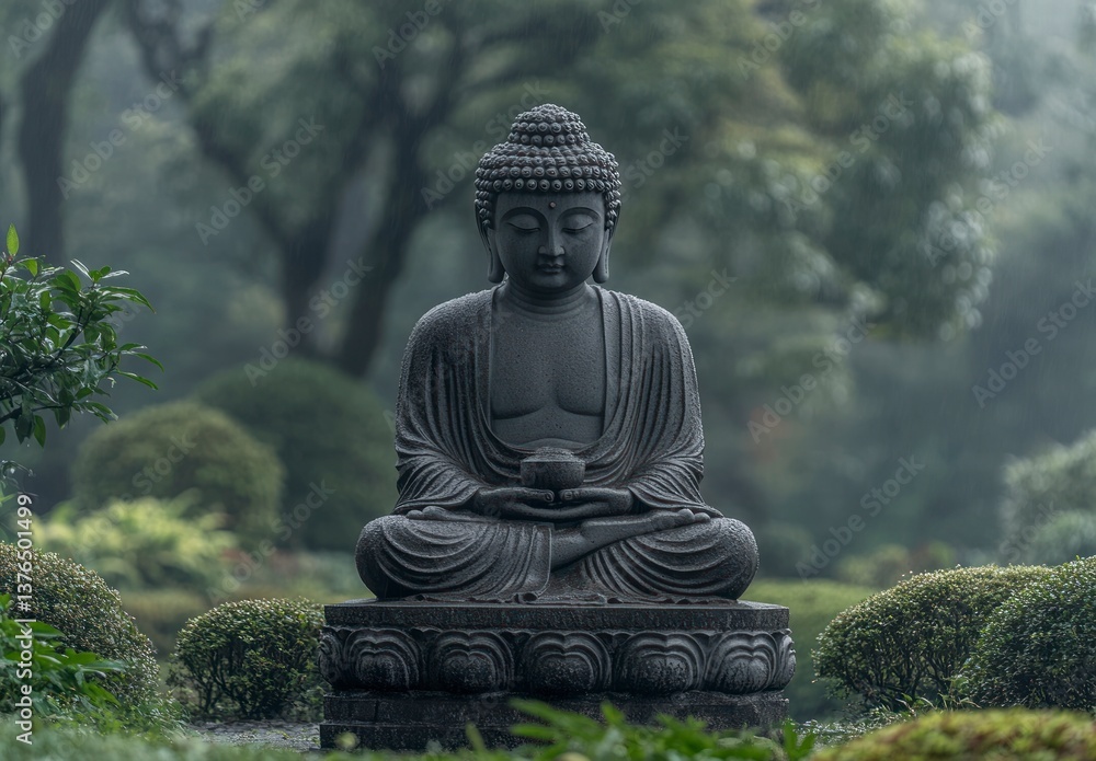 Meditating Buddha Statue in a Serene Garden Setting on Foggy Day Meditating Buddha Statue in a Serene Garden Setting on Foggy Day