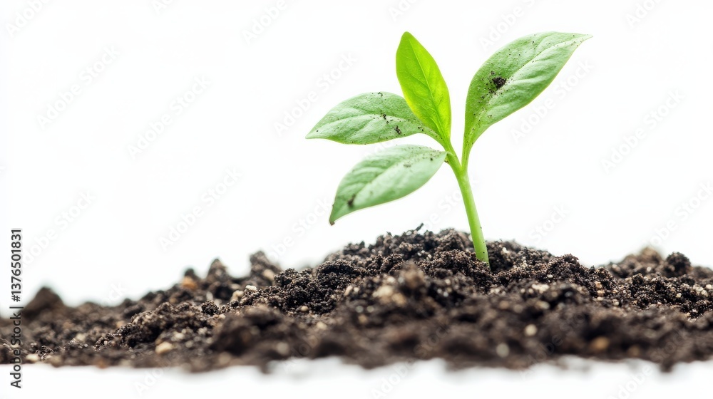 Fresh Green Seedling Growing from Rich Dark Soil in Bright Background Fresh Green Seedling Growing from Rich Dark Soil in Bright Background