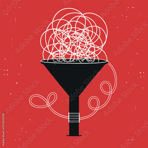 Minimalist Funnel Symbol with Tangled Lines on Red Background – Information Overload Concept