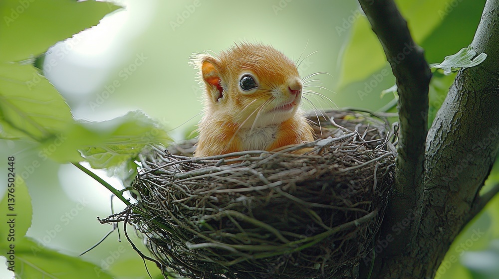 Adorable red squirrel nestled in its cozy treetop nest, surrounded by lush green foliage Adorable red squirrel nestled in its cozy treetop nest, surrounded by lush green foliage