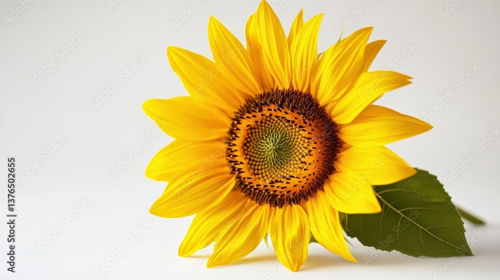 Bright and Cheerful Sunflower with Green Leaf on White Background Bright and Cheerful Sunflower with Green Leaf on White Background