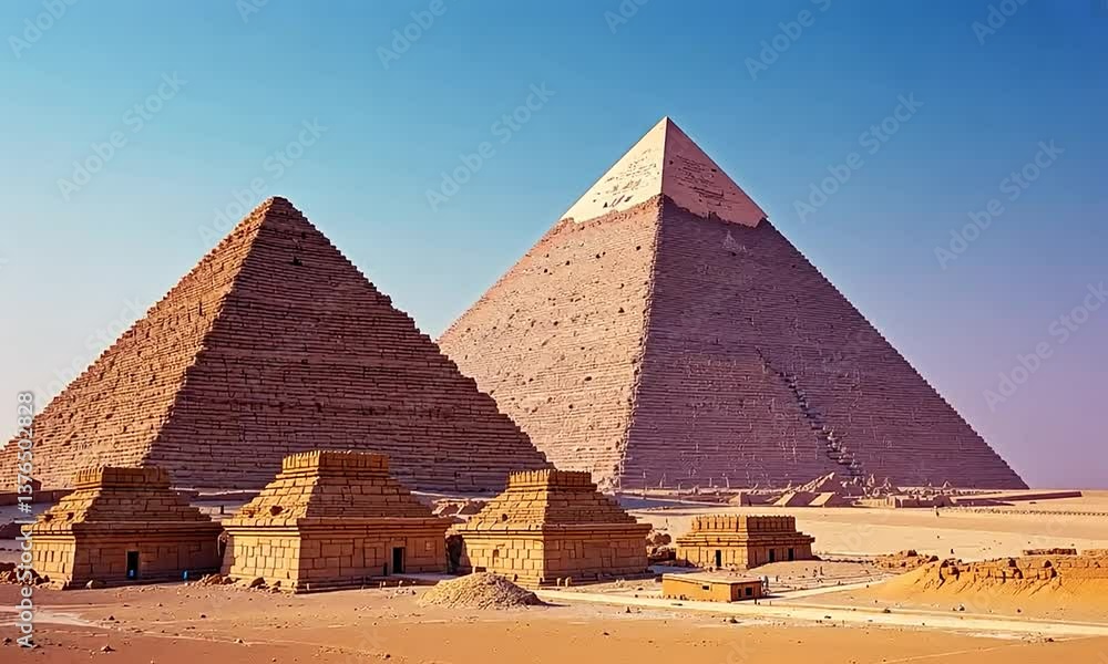 The majestic Egyptian Pyramids. Smooth Gradient Transitions, Sharp Lines, Detailed Structures, Wide Angle, Perfect Color Blend. 4k video The majestic Egyptian Pyramids. Smooth Gradient Transitions, Sharp Lines, Detailed Structures, Wide Angle, Perfect Color Blend. 4k video