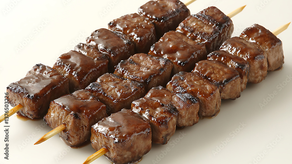 Three skewers with grilled glazed meat cubes resting on a plain surface showcasing a simple and delicious presentation. Three skewers with grilled glazed meat cubes resting on a plain surface showcasing a simple and delicious presentation.