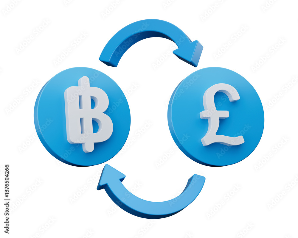 3d White Baht And Pound Symbol On Rounded Blue Icons With Money Exchange Arrows, 3d illustration 3d White Baht And Pound Symbol On Rounded Blue Icons With Money Exchange Arrows, 3d illustration