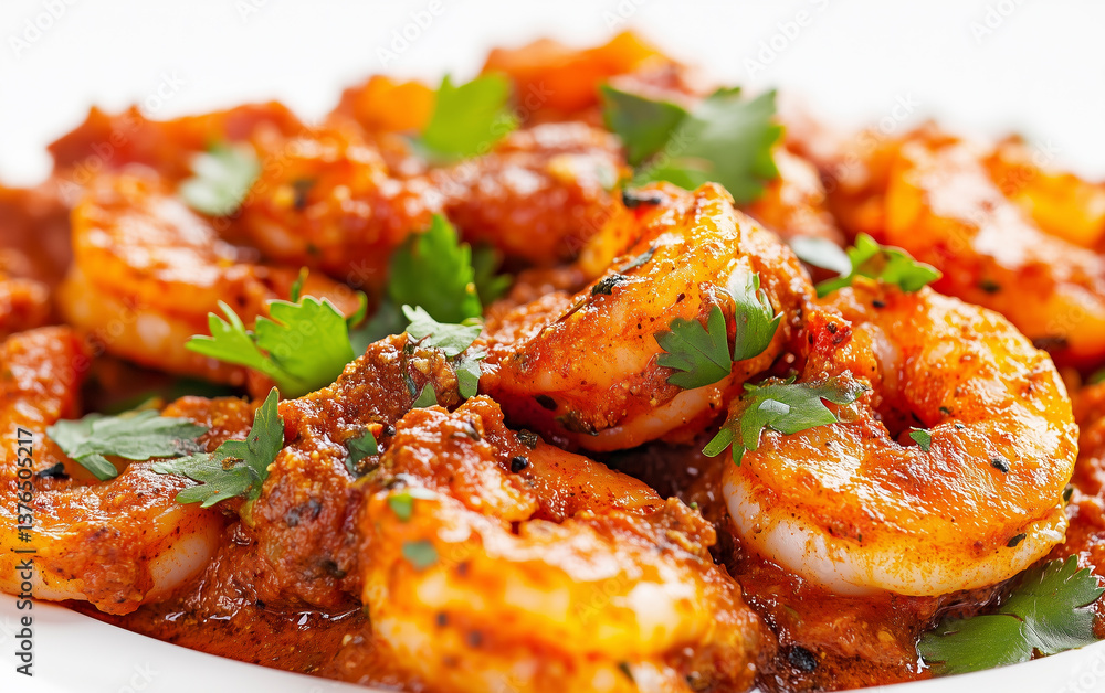 Focused close-up of Prawn Masala showcasing spices and details.
