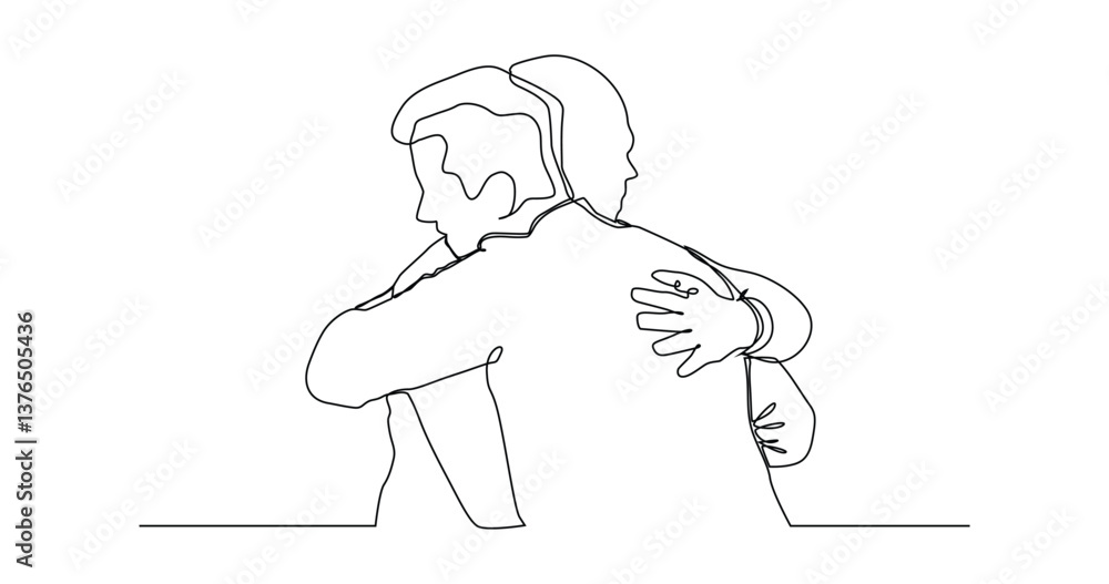 continuous one line drawing of men friends hugging each other. continuous one line drawing of men friends hugging each other.