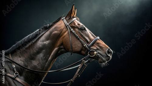Close-up profile of brown racehorse with leather bridle in dramatic studio lighting against dark background showing focus, discipline and strength