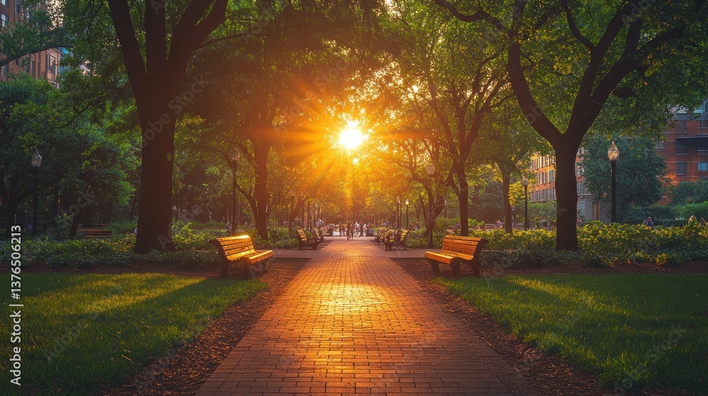 Sunlit park path at sunset with benches and trees. Sunlit park path at sunset with benches and trees.