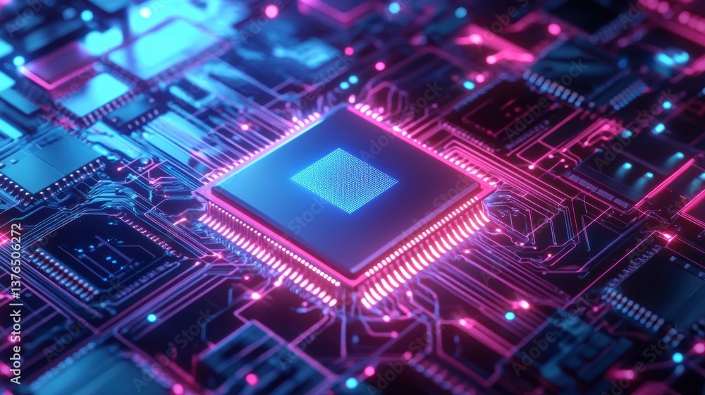 Digital Heart: A close-up view of a futuristic computer chip pulses with vibrant energy, illustrating the complex architecture and processing power behind modern technology. Digital Heart: A close-up view of a futuristic computer chip pulses with vibrant energy, illustrating the complex architecture and processing power behind modern technology.