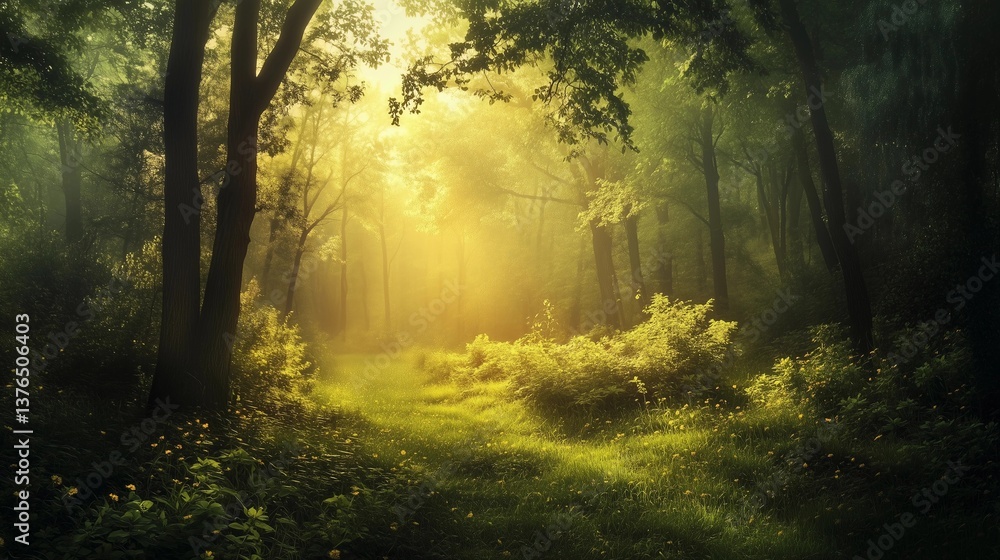 Fototapeta premium A forest with a path through it. The sun is shining through the trees, creating a peaceful and serene atmosphere