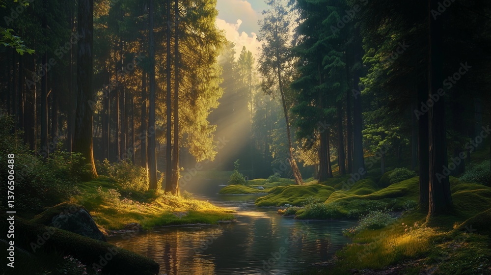 A forest with a river running through it. The sun is shining through the trees, creating a peaceful and serene atmosphere A forest with a river running through it. The sun is shining through the trees, creating a peaceful and serene atmosphere