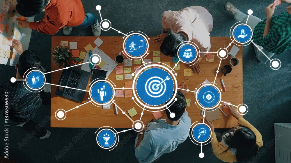 A vibrant collaborative workspace showcasing digital target icons and interactive elements, perfect for illustrating business strategy and effective team brainstorming sessions. Amity