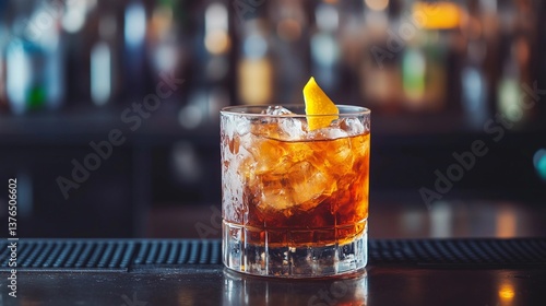 A glass of dark liquor with a slice of orange on top. The drink is sitting on a bar counter