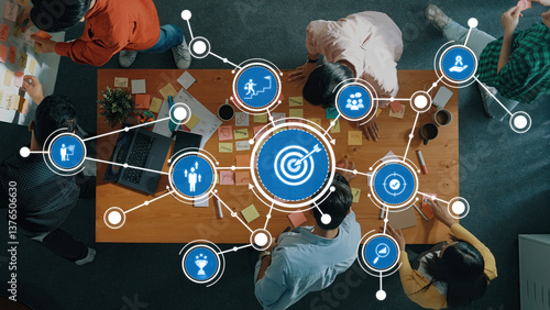Obraz na płótnie A vibrant collaborative workspace showcasing digital target icons and interactive elements, perfect for illustrating business strategy and effective team brainstorming sessions. Amity w salonie