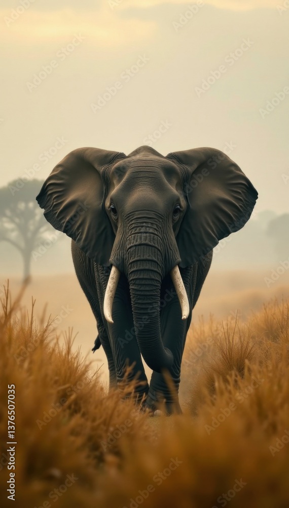 Obraz premium African elephant roaming in thick savannah fog, wildlife, savannah