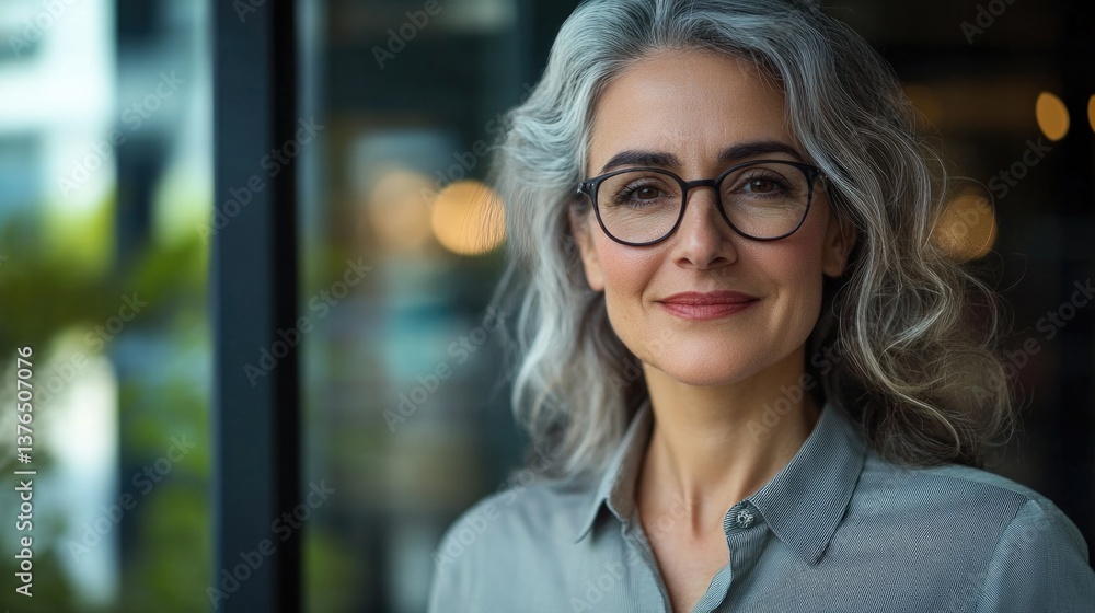 Portrait of mature businesswoman wearing shirt and standing outside conference room. Portrait of happy business lady wearing spectacles and looking at camera with copy space. Satisfied proud female.