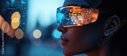 Person wearing augmented reality glasses in autumn park with glowing blue interface
