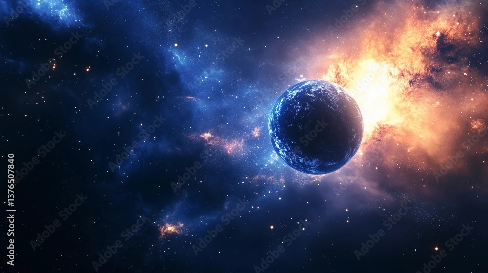 A large, glowing planet is surrounded by a blue and orange cloud. The planet is the main focus of the image, and the blue and orange colors create a sense of depth and contrast A large, glowing planet is surrounded by a blue and orange cloud. The planet is the main focus of the image, and the blue and orange colors create a sense of depth and contrast