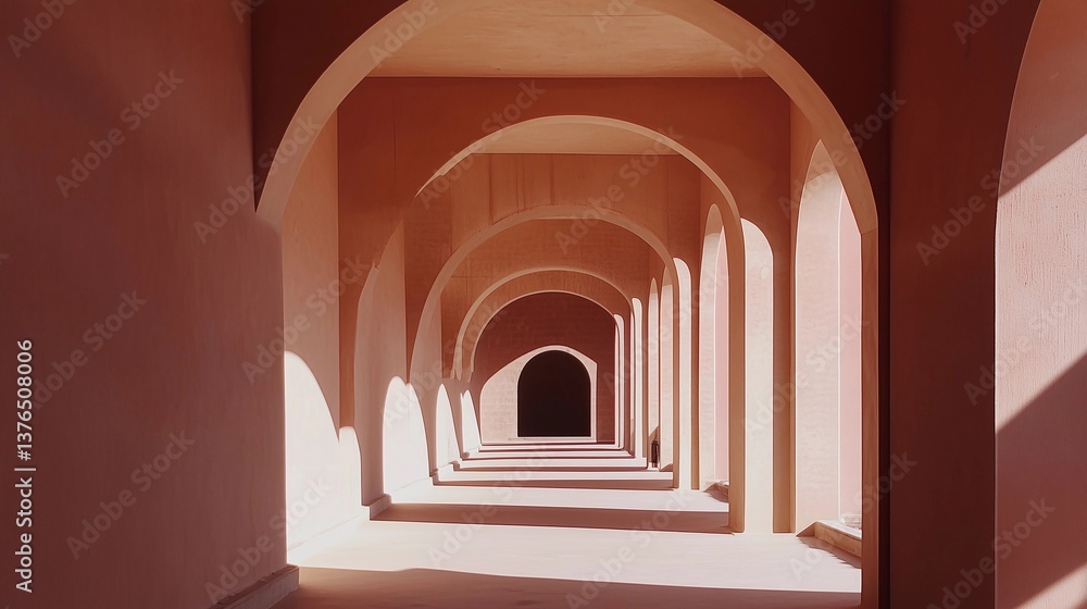 Fototapeta premium A long, narrow hallway with arched doorways and a pink color scheme. The hallway is empty and the light is shining through the arches, creating a warm and inviting atmosphere