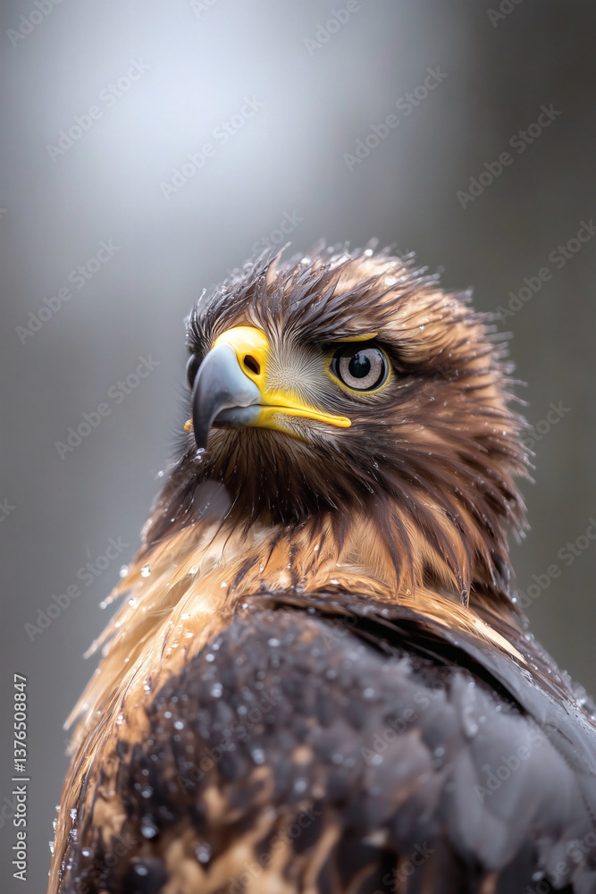 Obraz premium Close-up of a golden eagle's head and upper body, showcasing its sharp beak and feathers in rainy weather.