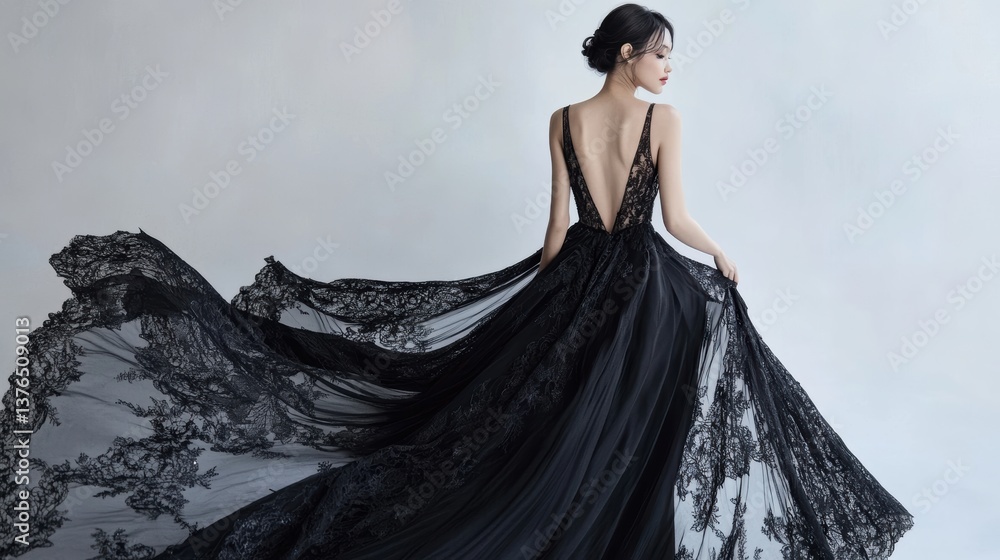 Elegant Fashion: A woman adorned in a sweeping black gown with intricate lacework, epitomizing grace and sophistication, her attire flows dramatically in the scene. Elegant Fashion: A woman adorned in a sweeping black gown with intricate lacework, epitomizing grace and sophistication, her attire flows dramatically in the scene.