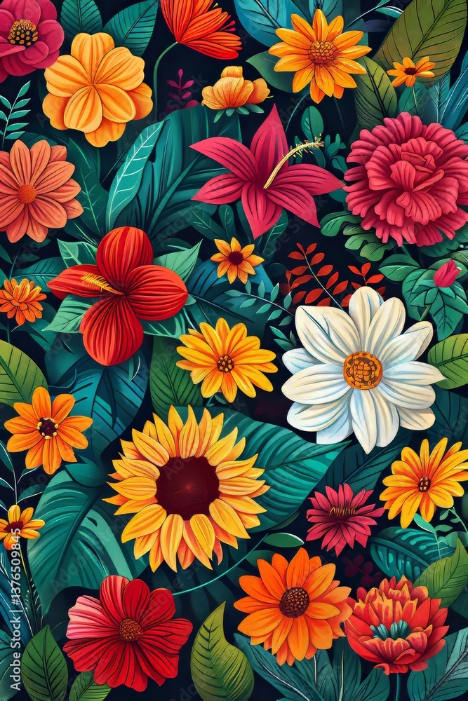 Set of vector images featuring a bold and vibrant floral aesthetic Set of vector images featuring a bold and vibrant floral aesthetic