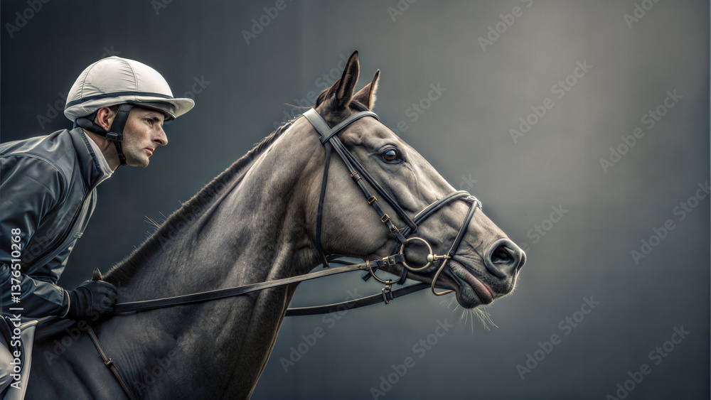 Fototapeta premium Focused jockey riding poised racehorse in close-up portrait with determined expression and sleek harness against soft neutral background