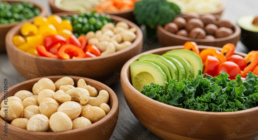 Healthy Bowls of Nuts and Vegetables - A vibrant mix of fresh vegetables, nuts, and seeds in wooden bowls, symbolizing health, nutrition, well-being, vitality, and abundance Healthy Bowls of Nuts and Vegetables - A vibrant mix of fresh vegetables, nuts, and seeds in wooden bowls, symbolizing health, nutrition, well-being, vitality, and abundance