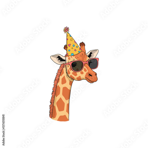 Giraffe with Party Hat and Sunglasses Vector Illustration