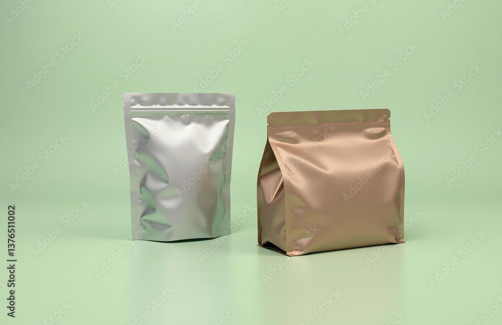 Silver and rose gold foil pouches on mint green background Silver and rose gold foil pouches on mint green background